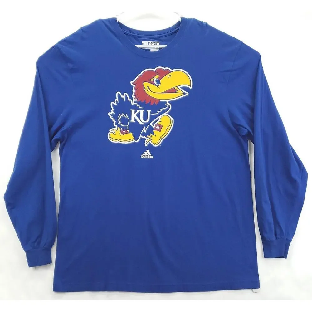 Adidas Kansas Jayhawks Shirt Mens XL Blue Cotton 3-Stripe Crew Neck Pullover